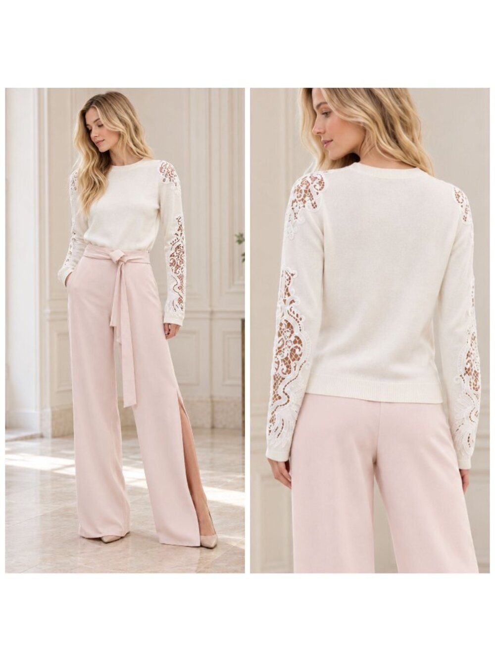 Ted Baker Shelsin Sweater Sz 4 (US 10) Ivory Merino Cashmere Lace Sleeve Jumper